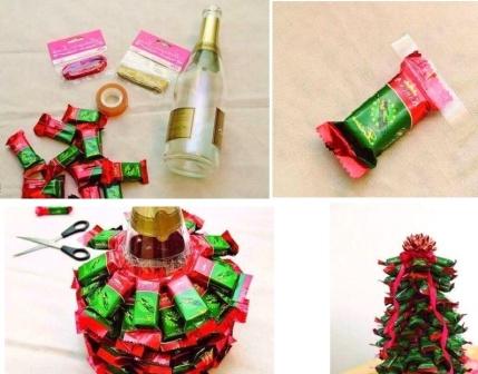 Как сделать елку из конфет своими руками: из бутылки шампанского и мишуры